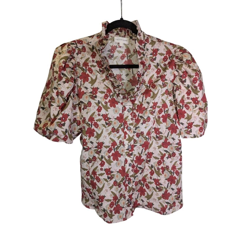 entro Red Multi Floral Print Cotton Puff Sleeve Top Women's Medium